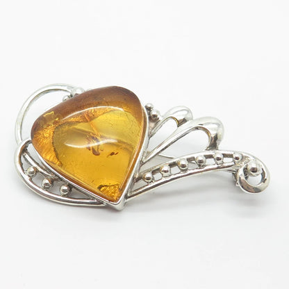 925 Sterling Silver Vintage Real Amber Beaded Heart Pin Brooch