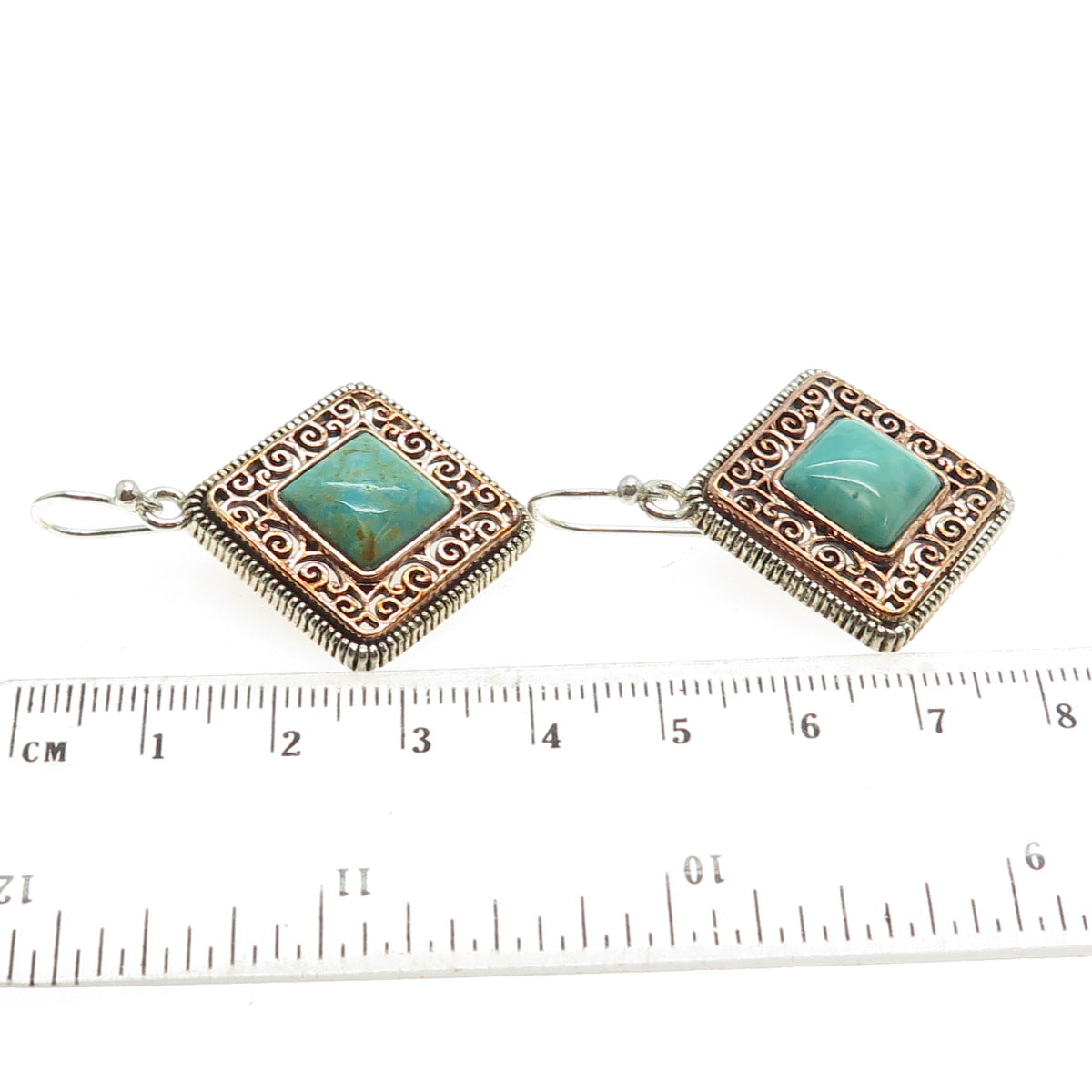 BARSE 925 Sterling Silver 2-Tone Vintage Real Turquoise Ornate Dangling Earrings