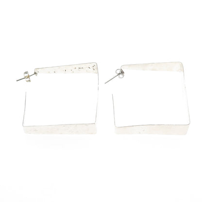 925 Sterling Silver Vintage Mexico Modernist Hammered Square Hoop Earrings