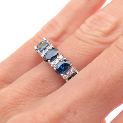 925 Sterling Silver Oval-Cut Blue & Round-Cut White C Z Ring Size 6