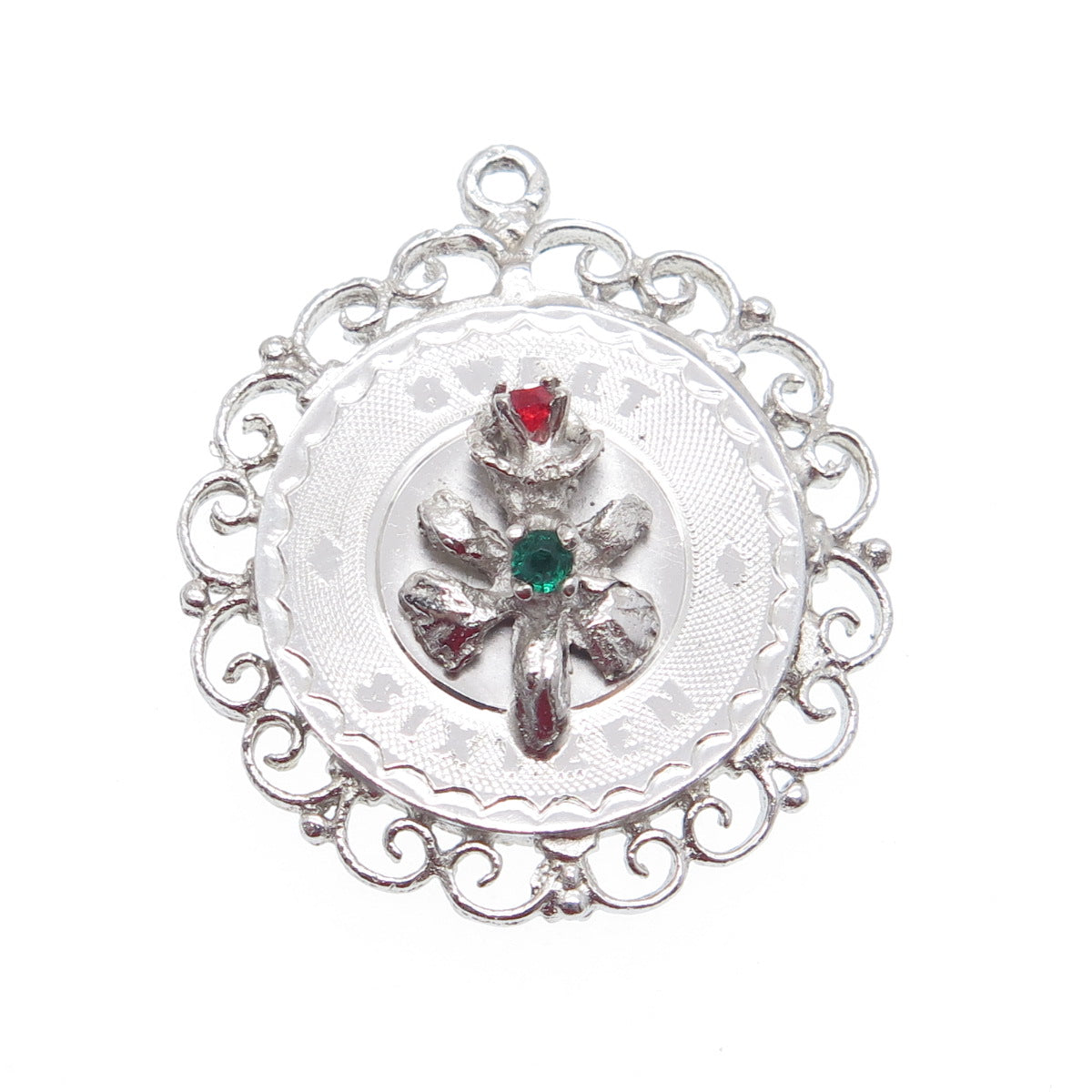 925 Sterling Silver Vintage Rhinestone Sweet Sixteen Floral Ornate Pendant
