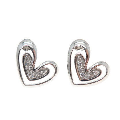 925 Sterling Silver Round-Cut C Z Modernist Heart Earrings