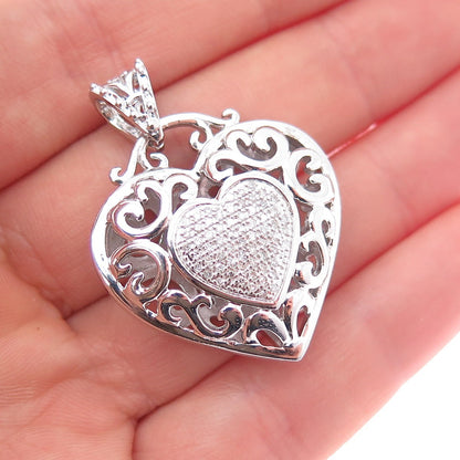 925 Sterling Silver Real Round-Cut Diamond Ornate Heart Charm Pendant