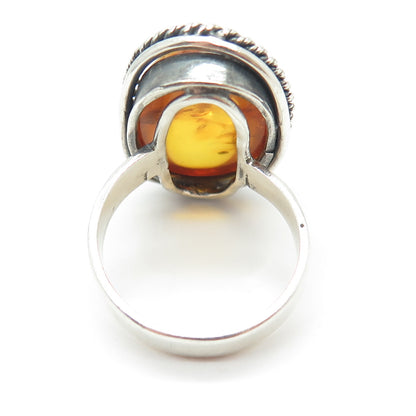 925 Sterling Silver Vintage Real Baltic Amber Modernist Ring Size 11