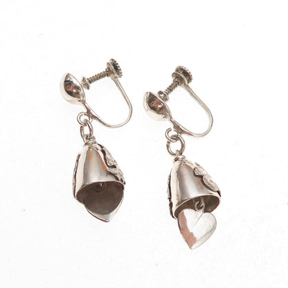 925 Sterling Silver Antique Art Deco Siam Hindu Goddess Bell Screw Back Earrings
