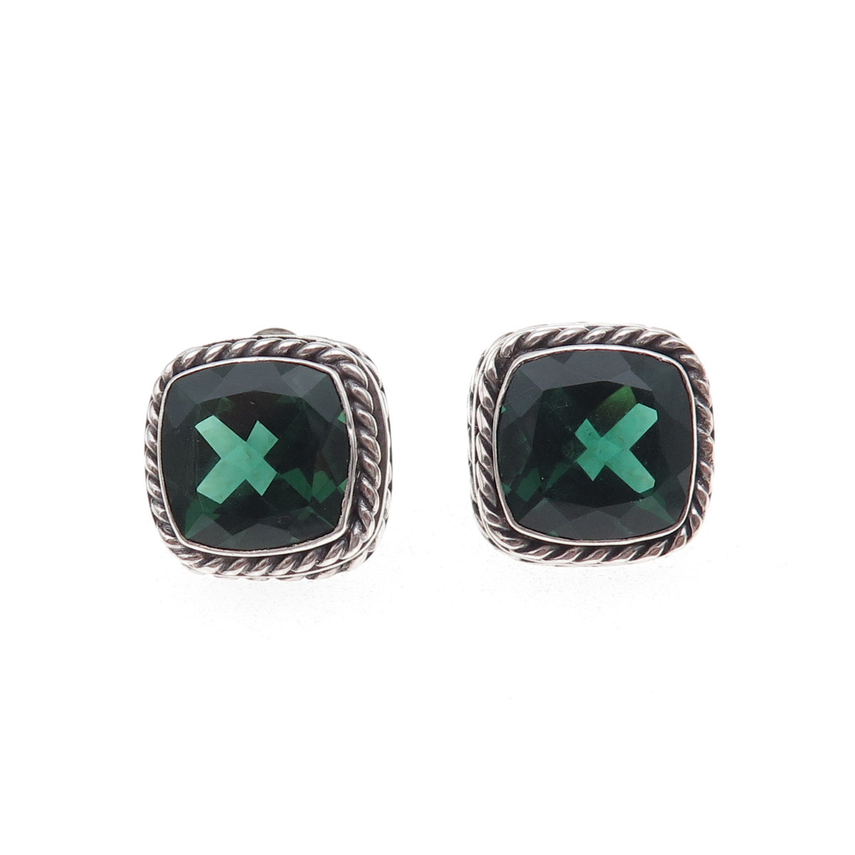 925 Sterling Silver Vintage Real Cushion-Cut Chrome Diopside Stud Earrings