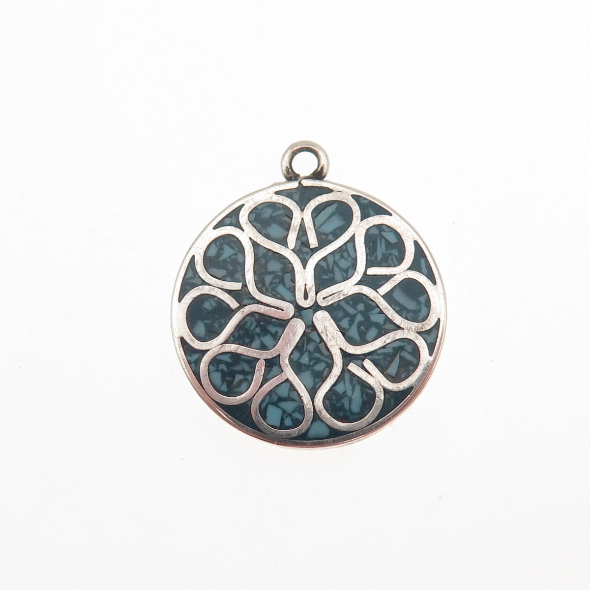 925 Sterling Silver Vintage Real Turquoise Inlay Floral Charm Pendant