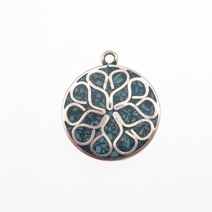 925 Sterling Silver Vintage Real Turquoise Inlay Floral Charm Pendant
