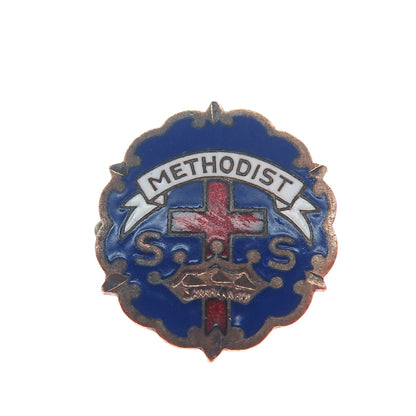 LITTLE SYSTEM CROSS & CROWN Gold Plated Antique Enamel Methodist Cross Brooch