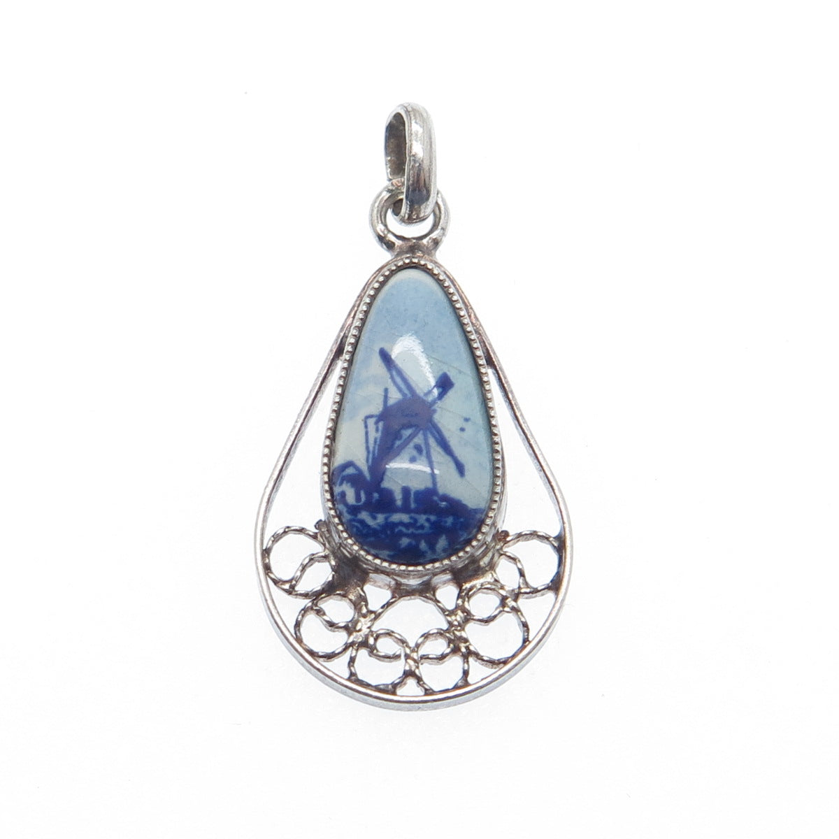 925 Sterling Silver Vintage Ceramic Old Windmill Filigree Teardrop Pendant
