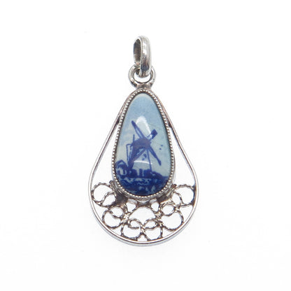 925 Sterling Silver Vintage Ceramic Old Windmill Filigree Teardrop Pendant