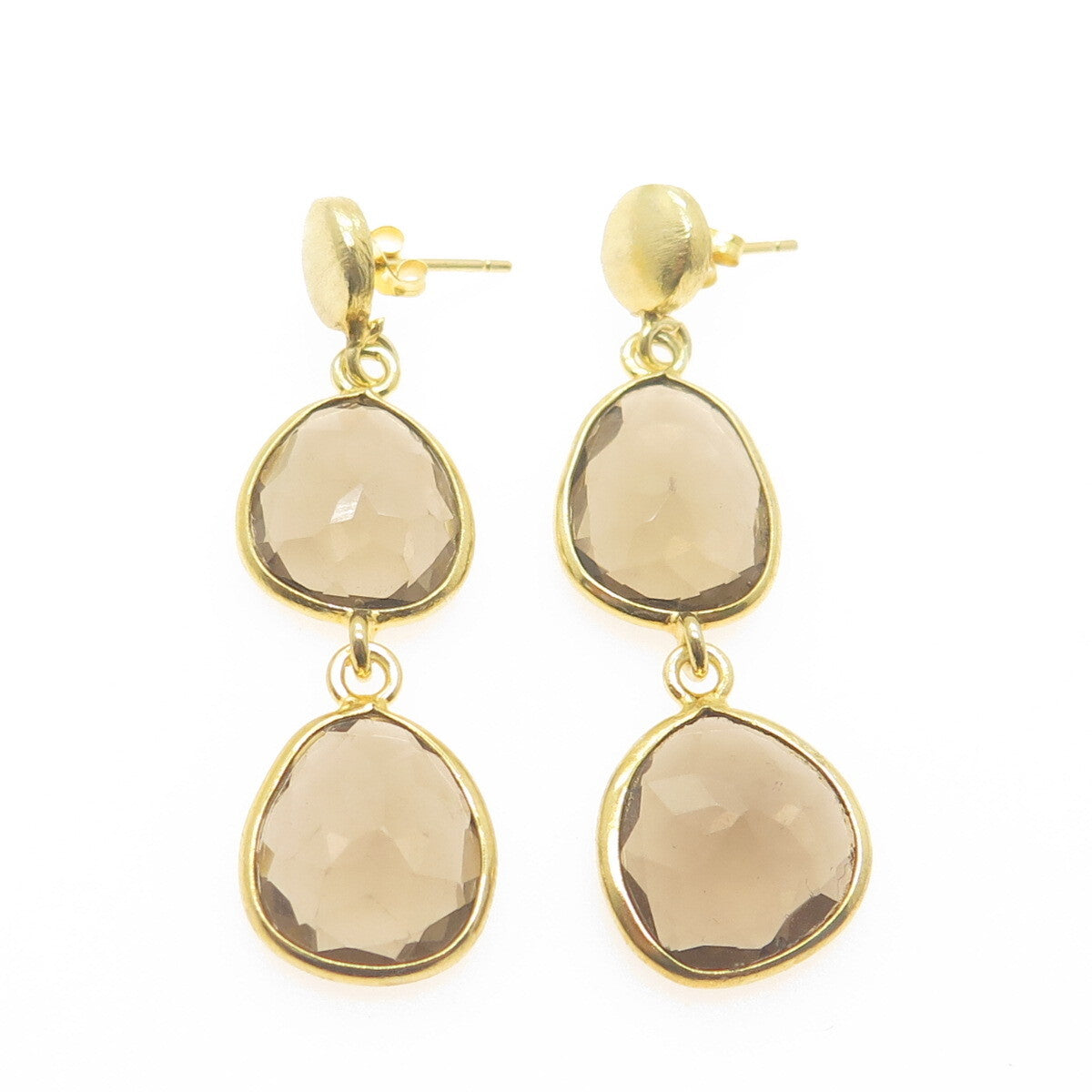 925 Sterling Silver Gold Plated Vintage Smoky Quartz Modernist Dangle Earrings