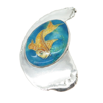 SHOSHANA 925 Sterling Silver Vintage 1989 Enamel Modernist Fish Brooch