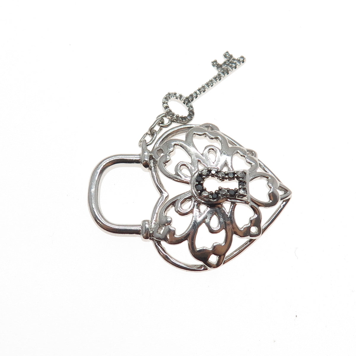 JANE SEYMOUR Sterling Silver Real Black & White Diamond Heart Lock Key Pendant