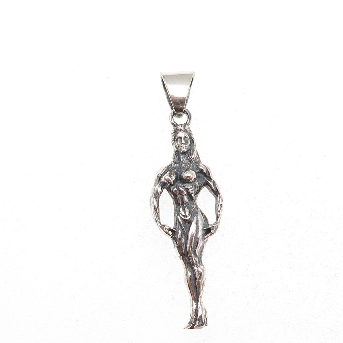 925 Sterling Silver Vintage European Female Bodybuilder Oxidized Charm Pendant