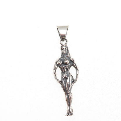 925 Sterling Silver Vintage European Female Bodybuilder Oxidized Charm Pendant