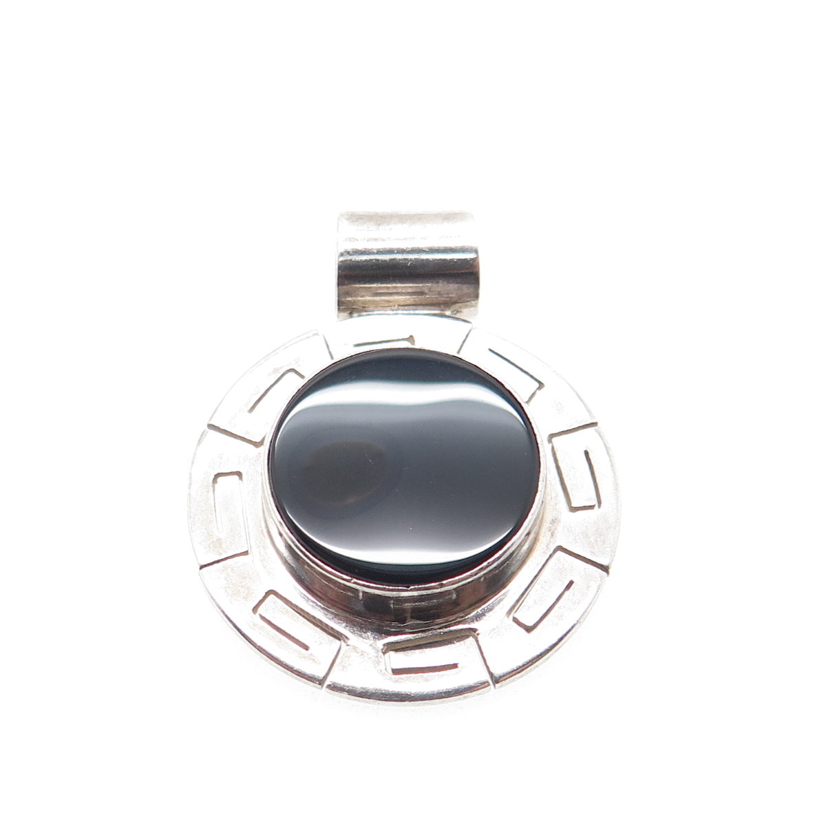 925 Sterling Silver Vintage CII Mexico Real Black Onyx Greek Key Slide Pendant