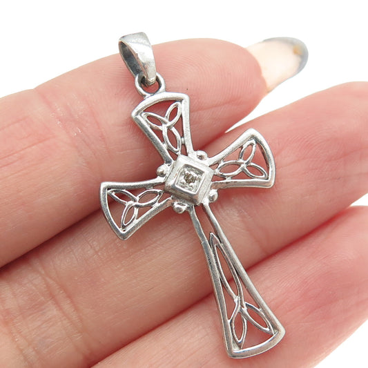 925 Sterling Silver Real Diamond Filigree Cross Religious Pendant