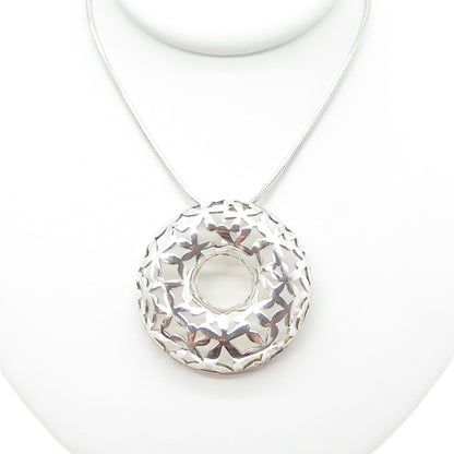 925 Sterling Silver Vintage Italy Floral Circle Pendant Snake Chain Necklace 18"