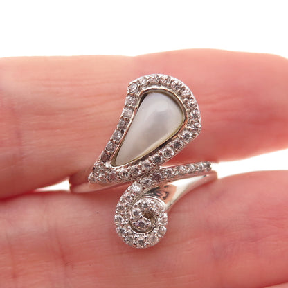 925 Sterling Silver Real MOP & C Z Spiral Bypass Ring Size 6
