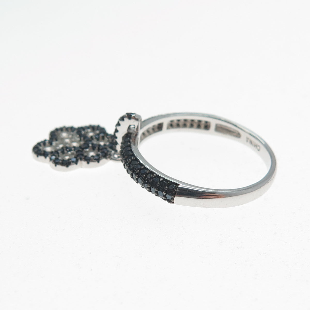 925 Sterling Silver Real Black Spinel & C Z Dog Paw Dangle Charm Ring Size 7.25