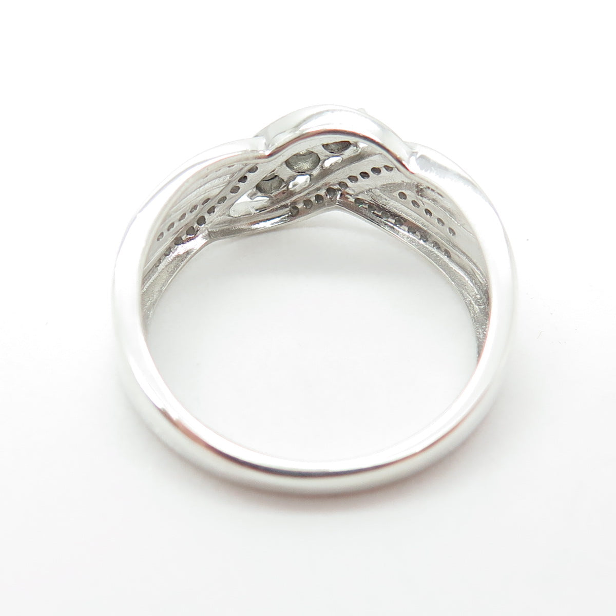 925 Sterling Silver Real Round-Cut Diamond Bypass Ring Size 8.25