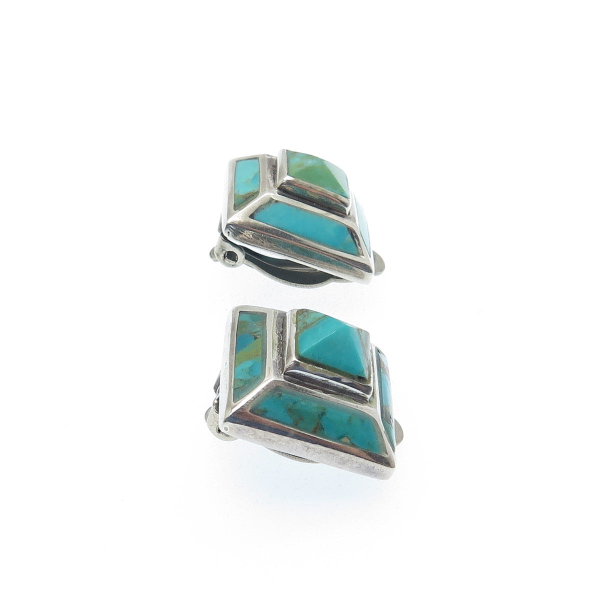 925 Sterling Silver Vintage Lone Mountain Turquoise Pyramid Clip On Earrings