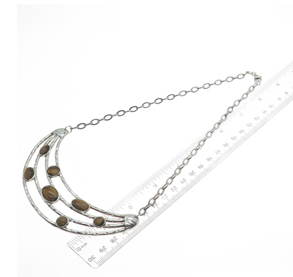 925 Sterling Silver Vintage Real Tiger Eye Modernist Crescent Chain Necklace 18"