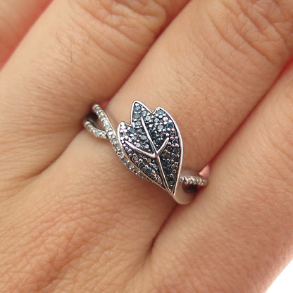 925 Sterling Silver Real Round-Cut Blue & White Diamond Floral Leaf Ring Size 7