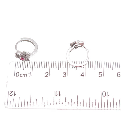 925 Sterling Silver Pink & White C Z Hoop Earrings