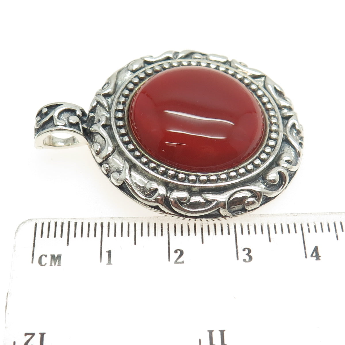 925 Sterling Silver Vintage Real Carnelian Gemstone Ornate Pendant