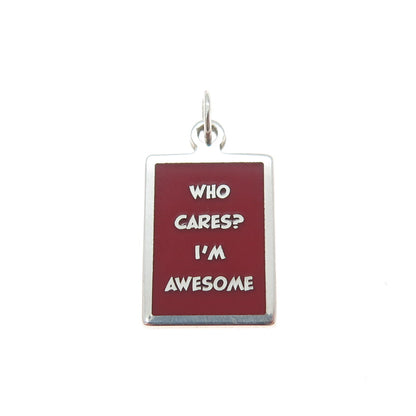 925 Sterling Silver Red Enamel Who Cares? I'm Awesome Minimalist Charm Pendant