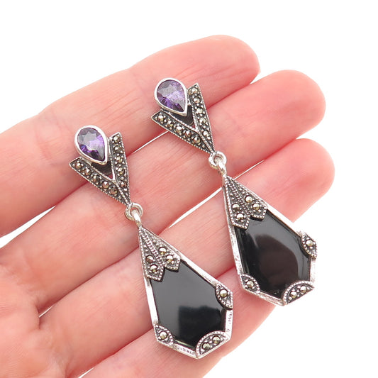 925 Sterling Silver Vintage Real Amethyst Black Onyx & Marcasite Dangle Earrings