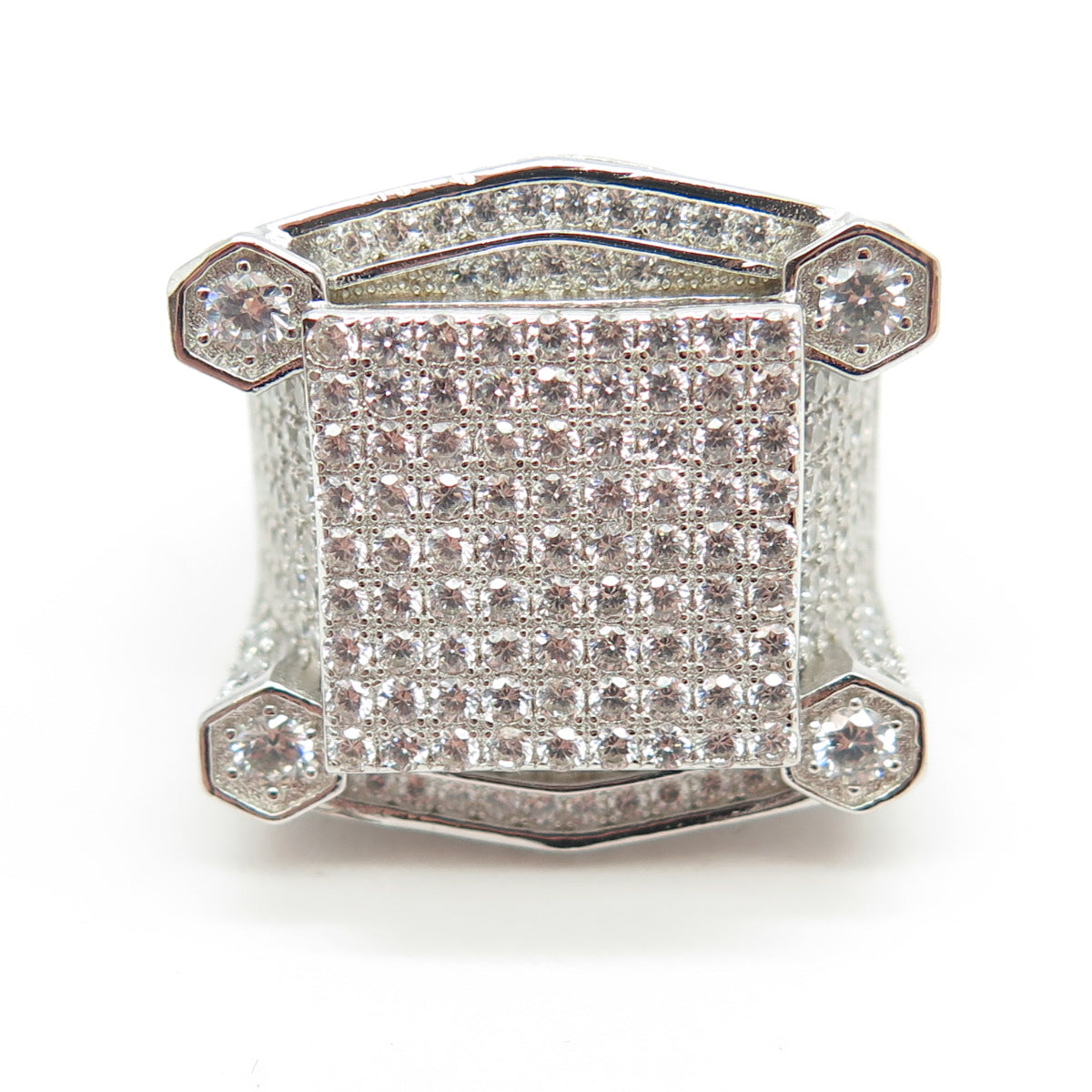 925 Sterling Silver Pave C Z Domed Ring Size 8.5