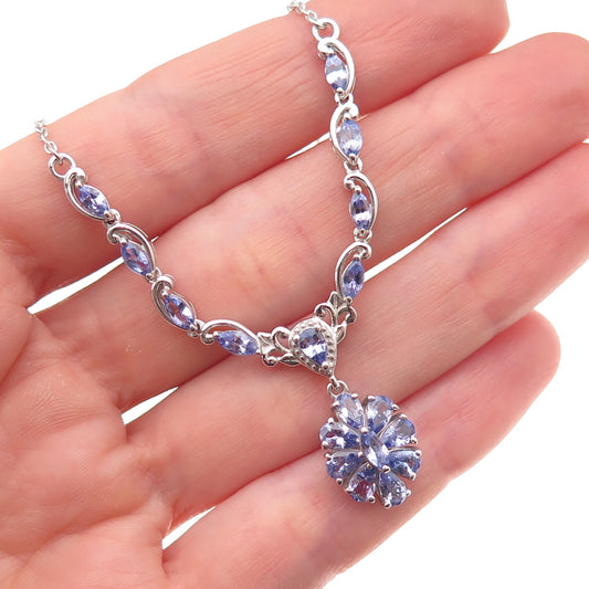 D'Joy 925 Sterling Silver Real Tanzanite Floral Cable Chain Necklace 18-20"