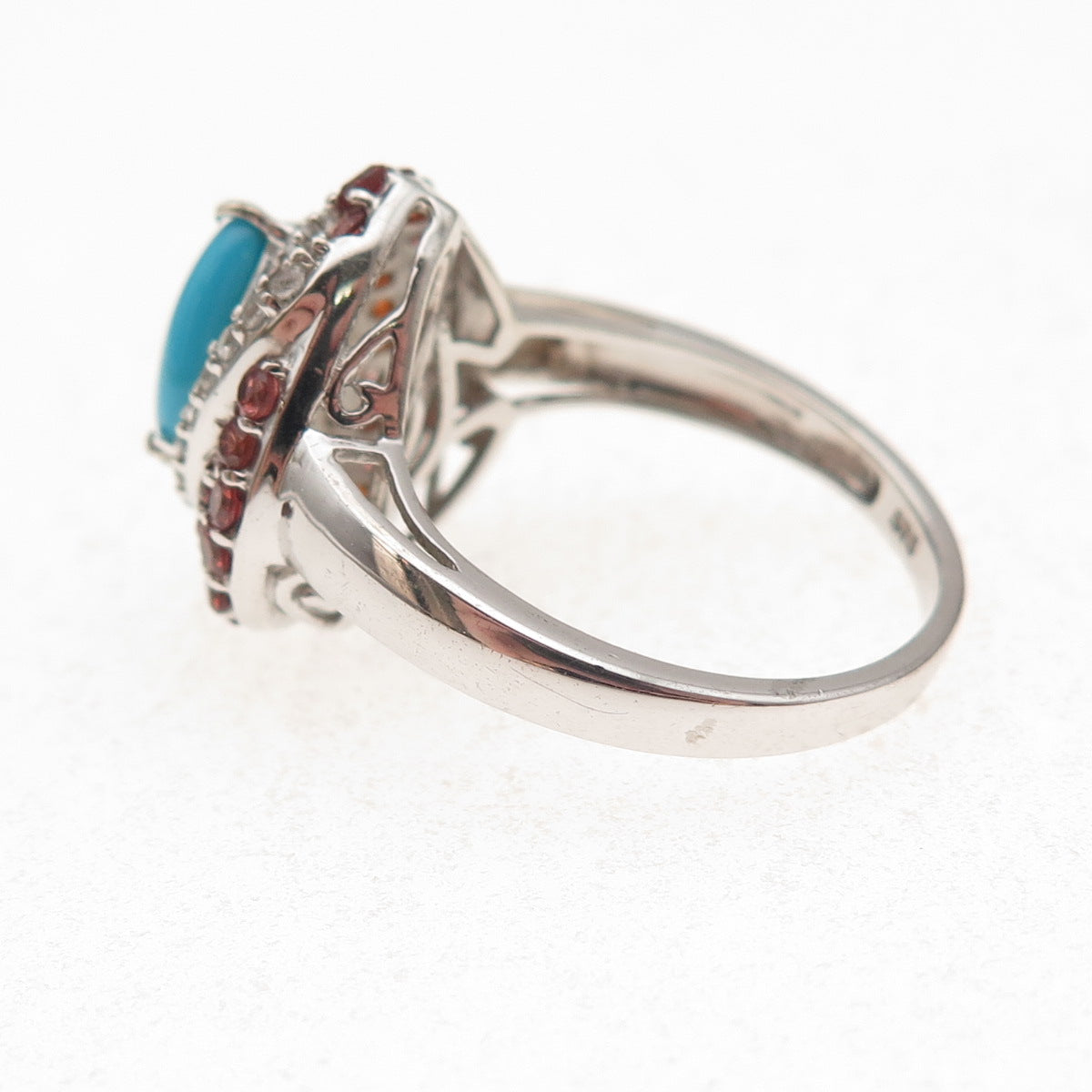Chuck Clemency Sterling Silver Real Turquoise Red Garnet White Topaz Ring Size 8