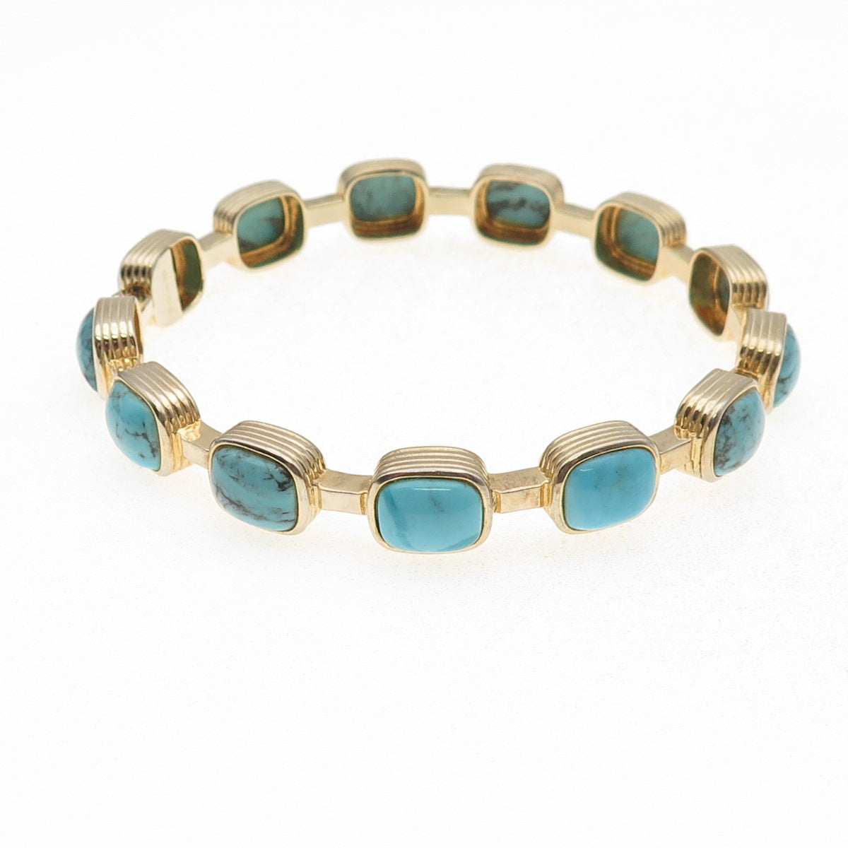925 Sterling Silver Gold Plated Real Tyrone Turquoise Station Bangle Bracelet 8"