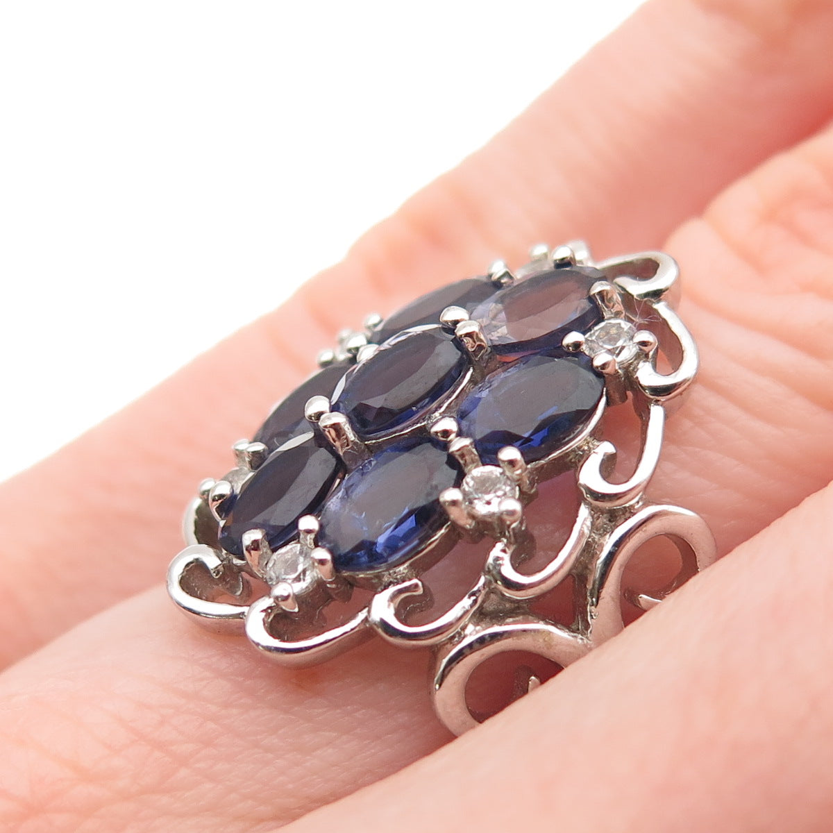 925 Sterling Silver Real Iolite & White Topaz Cluster Ring Size 6