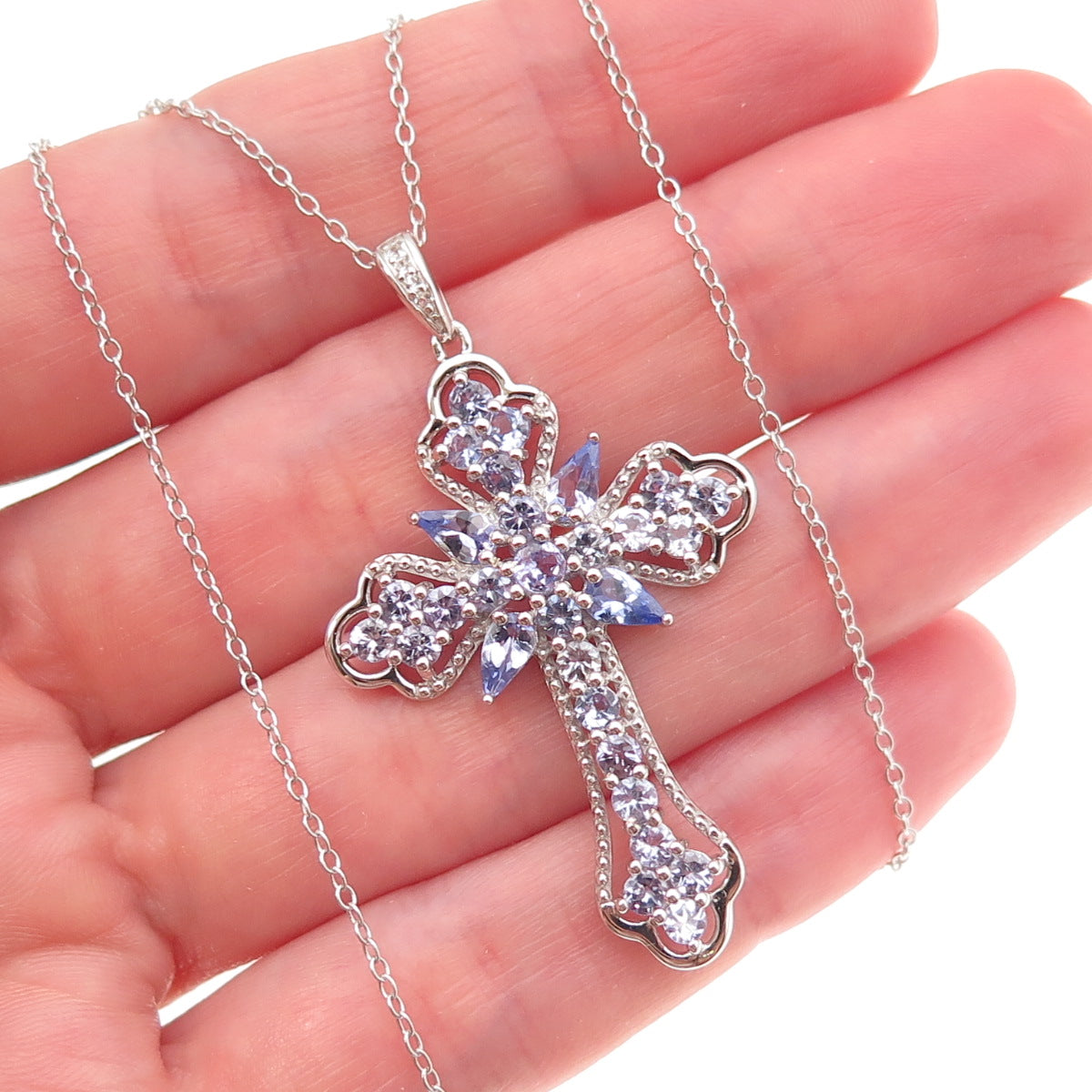925 Sterling Silver Real Tanzanite & White Topaz Cross Cable Chain Necklace 18"
