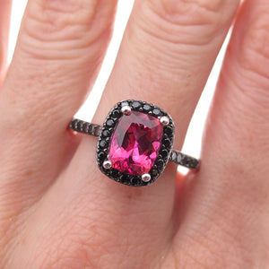 925 Sterling Silver Real Pink Tourmaline & Black Spinel Ring Size 12