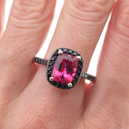 925 Sterling Silver Real Pink Tourmaline & Black Spinel Ring Size 12