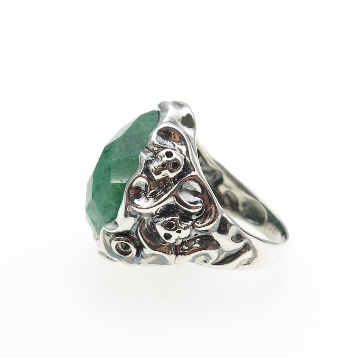925 Sterling Silver Vintage Real Aventurine Skull Oxidized Ring Size 9