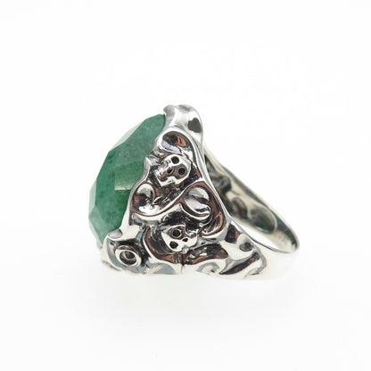 925 Sterling Silver Vintage Real Aventurine Skull Oxidized Ring Size 9