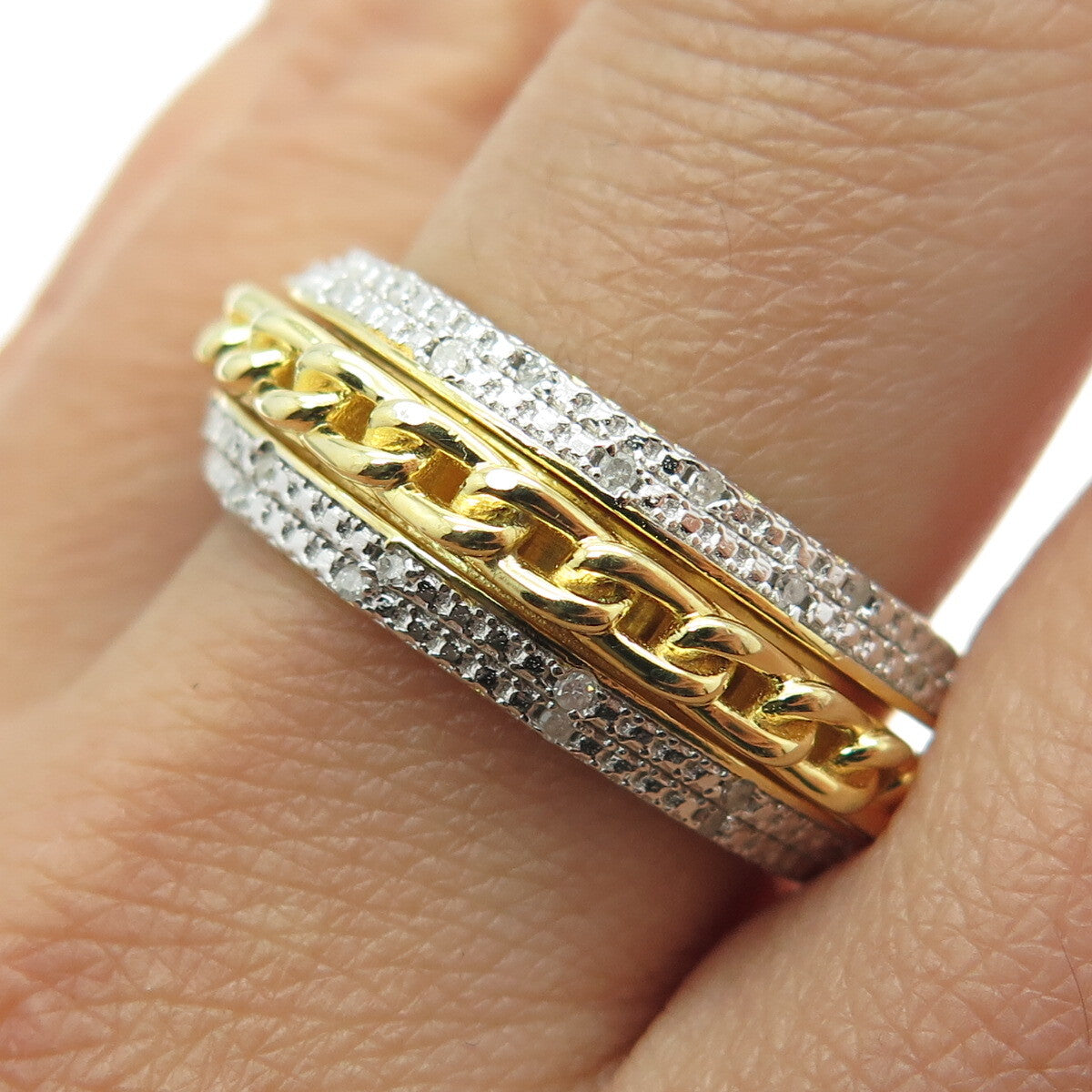 DBJ DEE BERKLE 925 Sterling Silver Gold Plated Real Diamond Chain Ring Size 10.5