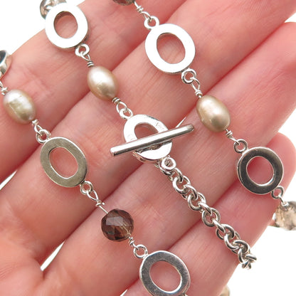 925 Sterling Silver Vintage Real Pearl & Smoky Quartz Beaded Chain Necklace 20"