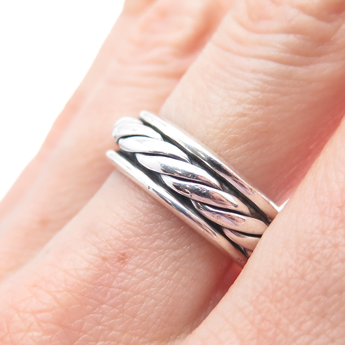 925 Sterling Silver Vintage Mexico Rope Oxidized Rotating Band Ring Size 7.75