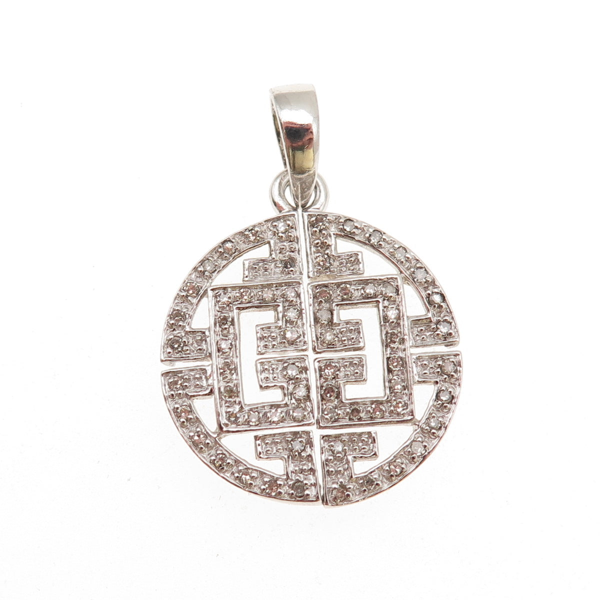 925 Sterling Silver Real Round-Cut Diamond Greek Key Charm Pendant