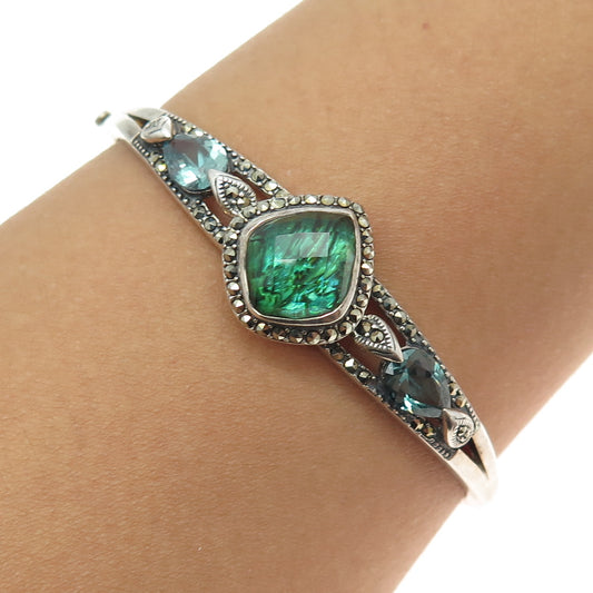 JUDITH JACK Sterling Vintage Topaz Abalone Shell & Marcasite Bangle Bracelet 7"