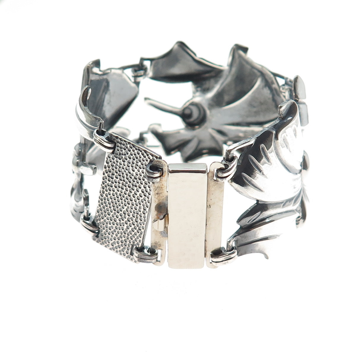 925 Sterling Silver Antique Art Deco Floral Panel Link Oxidized Bracelet 6.5"