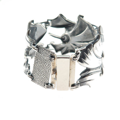 925 Sterling Silver Antique Art Deco Floral Panel Link Oxidized Bracelet 6.5"